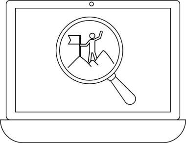 Dizüstü bilgisayar ekranında, bir dağın zirvesinde bayrak ile duran bir insana odaklanan bir büyüteç gösteriliyor. Bu da başarı ve başarıyı simgeliyor..