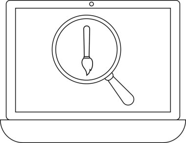 Bir dizüstü bilgisayar ekranı bir boya fırçası simgesine odaklanan, dijital tasarımı veya yaratıcı yazılım aramasını sembolize eden bir büyüteç gösterir.