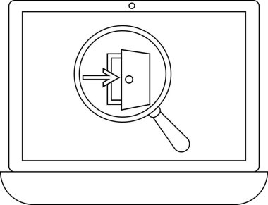 Bir dizüstü bilgisayar ekranı açık bir kapı simgesine odaklanan bir büyüteç gösterir, dijital bağlamda erişimi, güvenliği veya fırsatı sembolize eder.