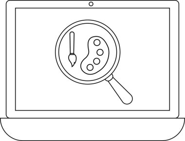 Bir dizüstü bilgisayar ekranında boya fırçası ve boya paletine odaklanan, dijital sanat araçlarını ve yaratıcı keşifleri sembolize eden bir büyüteç görüntülenir.