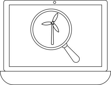 Bir dizüstü bilgisayar ekranı, yenilenebilir enerji araştırmalarını veya çevre analizlerini sembolize eden bir büyüteçle incelenen rüzgar türbini gösteriyor..