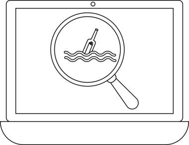 Bir dizüstü bilgisayar ekranında, suyun üzerinde yüzen bir şişede arama ya da keşfi sembolize eden bir mesaj gösteriliyor..