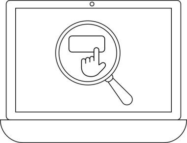 Bir dizüstü bilgisayar ekranı, çevrimiçi arama ve etkileşimi sembolize eden bir el imleci ile bir arama simgesi gösterir.