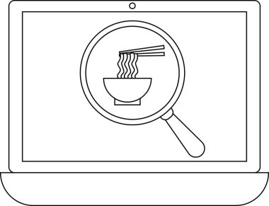 Bir dizüstü bilgisayar ekranında, büyüteçle büyütülmüş bir erişte ikonu görülüyor. Bu da online yemek araması ya da teslimatı öneriyor..