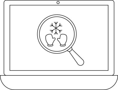 Bir dizüstü bilgisayar ekranında eldivenlerin ve kar tanesinin üzerinde büyüteç ve kış aramasını ya da kış eşyaları için online alışverişi simgeleyen bir büyüteç gösterilir..
