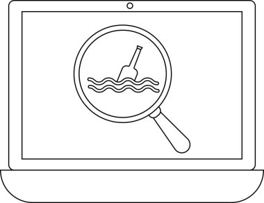 Bir dizüstü bilgisayar ekranında okyanusta yüzen bir şişe var, büyüteçle bakılıyor, çevresel endişeleri ve online aramaları sembolize ediyor.