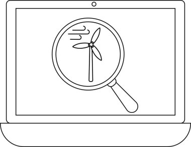 Bir dizüstü bilgisayar ekranında, yenilenebilir enerji araştırma ve teknolojisini sembolize eden, temiz, minimalist bir sanat tarzı sunan bir rüzgar türbini görülüyor..