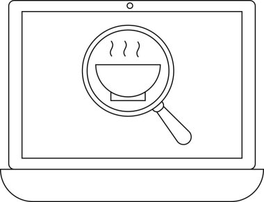 Bir dizüstü bilgisayar, çevrimiçi yiyecek arama veya yemek teknolojisini sembolize eden bir kasenin üzerinde büyüteç sergiler. Resim basit bir çizgi çizimi..
