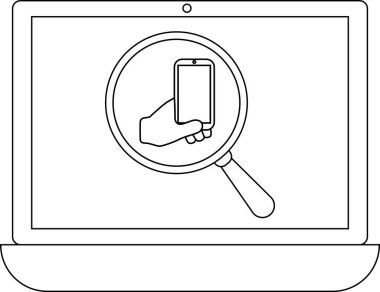 Bir dizüstü bilgisayar ekranında akıllı telefonu tutan bir ele odaklanmış bir büyüteç görüntüler, arama ya da analiz önerisi.