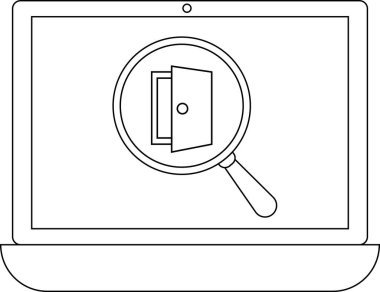 Bir dizüstü bilgisayar ekranında kapı simgesi üzerinde bir büyüteç görüntüler, teknolojideki güvenlik ve erişim kontrolünü simgeler.