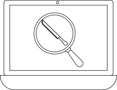 Bir dizüstü bilgisayar ekranında, dijital adli tıp, araştırma ve siber güvenlik tehditlerini sembolize eden bir bıçağın üzerinde büyüteç görülüyor. Siyah beyaz vektör illüstrasyonu.