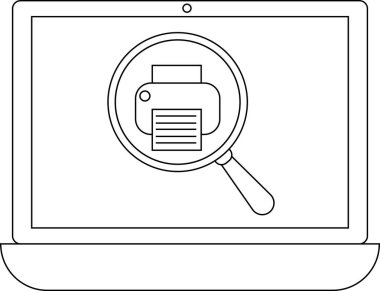 Bir dizüstü bilgisayar ekranının bir yazıcı simgesini büyüteç altında göstermesi, yazıcı aramasını veya sorun çekmeyi sembolize etmesi.