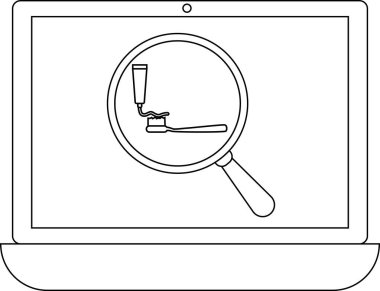 Bir dizüstü bilgisayar ekranında diş macunlu bir diş fırçasına odaklanmış bir büyüteç görüntülenir, bu da diş hijyen araştırması veya bilgi.