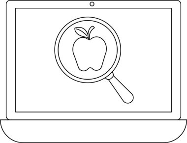 Bir dizüstü bilgisayar ekranında elma simgesine odaklanan, öğrenmeyle ilgili araştırma, eğitim veya teknolojiyi sembolize eden bir büyüteç görüntülenir.