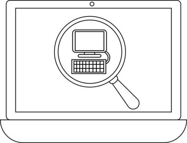 Bir dizüstü bilgisayar ekranı bir bilgisayar simgesine odaklanan, arama, teknoloji ve dijital analizi sembolize eden bir büyüteç görüntüler.