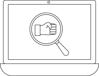 Dizüstü bilgisayar ekranında gösterilen bir büyüteç altındaki yumruk, online saldırganlığın ve siber zorbalığın saptanması ve analizini sembolize ediyor..