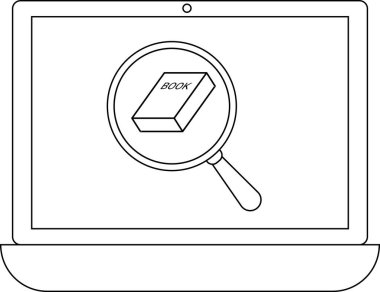 Bir dizüstü bilgisayar ekranında, çevrimiçi kitap arama ve dijital öğrenmeyi sembolize eden bir büyüteçle büyütülen bir kitap görüntülenir.