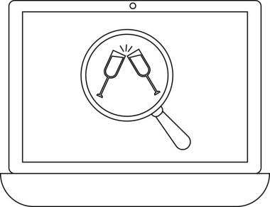 Bir dizüstü bilgisayar ekranında iki şampanya bardağının birbirine vurması, online kutlamaları ve sanal olayları sembolize eden bir büyüteç yer alıyor..