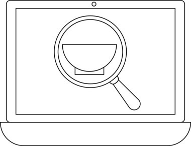 Bir dizüstü bilgisayar ekranında büyüteç altında çevrimiçi yiyecek arama ve keşfini sembolize eden bir kase görüntülenir..