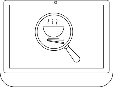 Bir dizüstü bilgisayar ekranında yemek çubuklarıyla bir kasenin üzerinde bir büyüteç görüntülenir, online yiyecek arama ve keşfini sembolize eder..