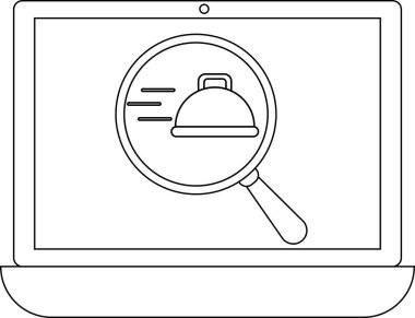 Bir dizüstü bilgisayar ekranında, çevrimiçi gıda arama ve teslimat hizmetlerini sembolize eden bir yemek tabağının üzerinde büyüteç görüntülenir..
