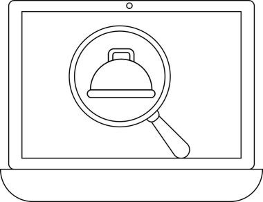 Bir dizüstü bilgisayar ekranında, çevrimiçi gıda arama ve teslimat hizmetlerini sembolize eden bir yemek tabağının üzerinde büyüteç görüntülenir..