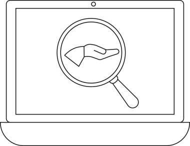 Bir dizüstü bilgisayar ekranı bir ele odaklanan bir büyüteç görüntüler, çevrimiçi yardım ve destek arayışını sembolize eder.