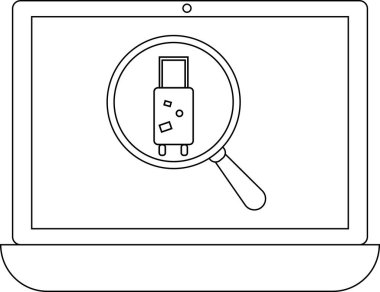 Bir dizüstü bilgisayar ekranında, çevrimiçi seyahat arama ve planlamayı sembolize eden bir bavulu büyüteç altında gösterir..