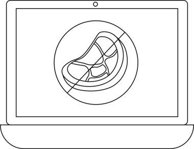 Dizüstü bilgisayarda, et ya da vejetaryen olmayan bir konsepti sembolize eden üstü çizilmiş bir biftek ikonu gösteriliyor. Görüntü siyah beyaz..