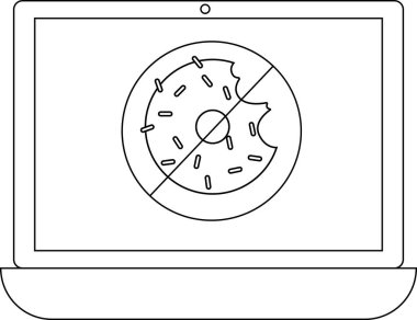 Bir dizüstü bilgisayarda, üzerinde bir ısırık izi olan, sembolü olmayan, kısıtlama ya da yasaklama gösteren bir çörek gösterilir..