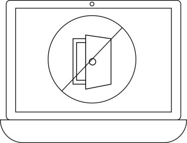 Bir dizüstü bilgisayar ekranında, kısıtlı erişimi veya engellenmiş bir fonksiyonu gösteren, yasaklı işareti olan bir kapı görüntülenir.