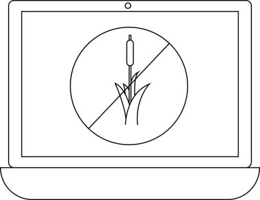 Dizüstü bilgisayar ekranında kuyruk kuyruğu olmadığını gösteren bir sembol var. Bu da bitki kontrolü ya da kaldırma çabalarını gösteriyor. Görüntü siyah beyaz, sembolü vurguluyor..