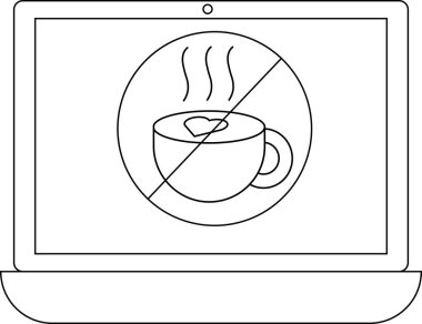 Bir dizüstü bilgisayar ekranında, dijital bağlamda kahve tüketimine ilişkin bir yasaklama veya kısıtlamaya işaret eden kahve içermeyen bir sembol gösterilir..