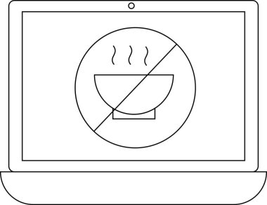 Ekranda yemek yemenin yasak olduğunu gösteren bir sembol olan bir dizüstü bilgisayarın üstü buharla çizilmiş bir kâse tarafından temsil ediliyor..