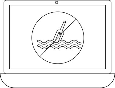 Bir dizüstü bilgisayar ekranında okyanus kirliliği olmadığını gösteren bir sembol var. İçinde yasak işareti olan bir şişe su var..
