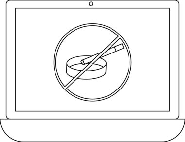 Bir dizüstü bilgisayar ekranında sigara içilmeyen bir sembol gösterilir, basit bir siyah-beyaz illüstrasyonda sigara içilmeyen bir ortam veya politika gösterilir.