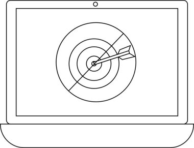 Bir dizüstü bilgisayar ekranında hedef tahtaya bir okla vurularak, doğruluğu, odaklanmayı ve dijital bağlamlardaki hedeflere ulaşmayı sembolize eder..