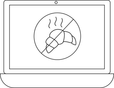 Bir dizüstü bilgisayar ekranında üzerinde çizgi olan bir kruvasan sembolü gösterilir. Siyah beyaz çizgi çizerek glüten olmadığını gösterir..