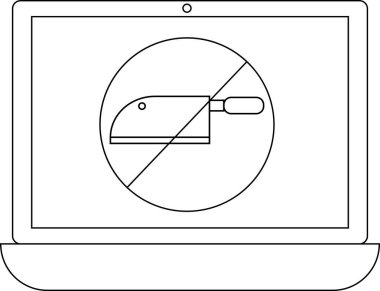 Bir dizüstü bilgisayarda bıçaklara ve şiddete uygulanan yasağı sembolize eden üstü çizili bir satır simgesi yer alıyor. Resim basit bir siyah beyaz çizgi çizimidir..