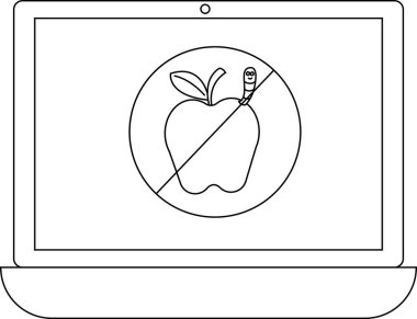 İçinde solucan ve yasak işareti olan bir elmayı gösteren bir dizüstü bilgisayar dijital güvenlik tehditlerini ve savunmasızlıkları simgeliyor..