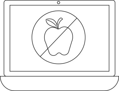 Elma sembolü çizilmiş, teknoloji kısıtlamalarını temsil eden ya da Apple ürünlerini yasaklayan bir dizüstü bilgisayar. Basit siyah beyaz çizgi sanatı.