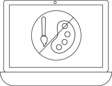 Sanat araçları olmayan bir dizüstü bilgisayar, dijital tasarım veya yaratıcı yazılım erişimindeki kısıtlamaları temsil ediyor. Siyah beyaz çizgi sanatı.