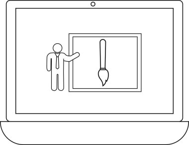 Bir dizüstü bilgisayar, dijital sanat eğitimini betimleyen bir boya fırçası tablosuna işaret eden bir çubuk figür eğitmeniyle çevrimiçi bir sanat dersi sunar..