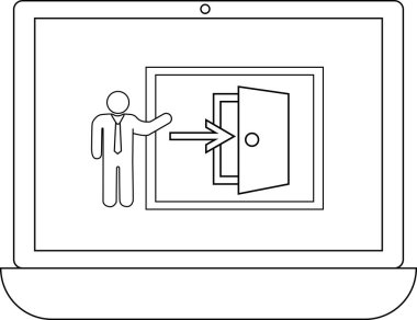Bir dizüstü bilgisayar sunucusu bir çıkış kapısını gösterir, bir iş çıkış stratejisi sunumunu sembolize eder.
