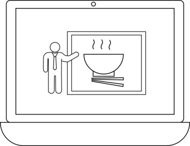 Bilgisayarda bir kase erişte sunan bir kişi çevrimiçi yemek kursu ya da yemekle ilgili bir sunumu işaret ediyor..