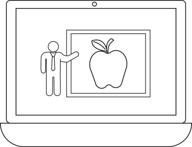 Bir dizüstü bilgisayar, online eğitimi ve öğrenim kaynaklarını sembolize eden bir elma illüstrasyonunu sunan bir öğretmen figürünü gösterir..