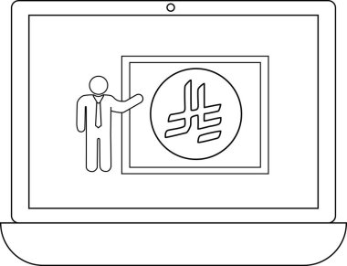 Bilgisayar ekranında şifreli para birimi sembolü sunan bir kişi sanal ortamda dijital finans ve teknolojiyi sergiliyor..