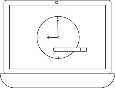 Saati ve sigarayı gösteren bir dizüstü bilgisayarın minimalist çizgisi çizimi zaman ve alışkanlığın sembolik bir temsilini oluşturuyor..