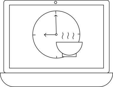 Bir dizüstü bilgisayar ekranında elleri 9 ve 12 'yi gösteren bir saat ve içinden buhar çıkan bir kase yiyecek gösteriyor..