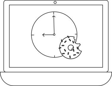 Dizüstü bilgisayar ekranında elleri 9 ve 12 'yi gösteren bir saat var. Yanında da ısırık izi olan bir çörek var..